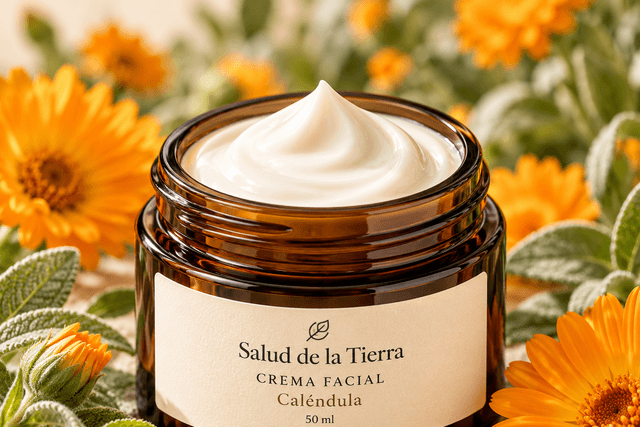 Crema facial de caléndula en frasco ámbar
