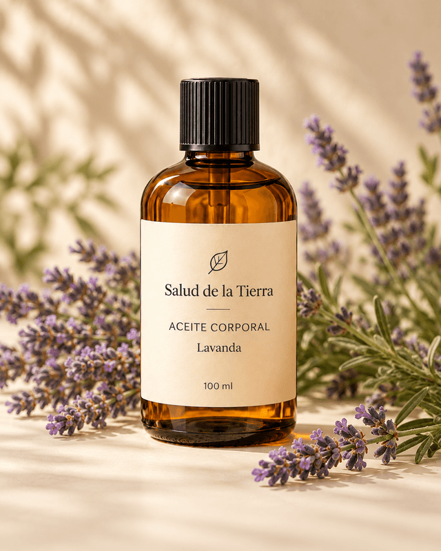 Aceite corporal de lavanda en frasco ámbar