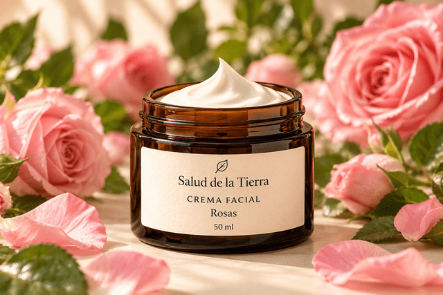 Crema facial de rosas en frasco ámbar