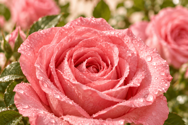 Rosa rosada con gotas de rocío
