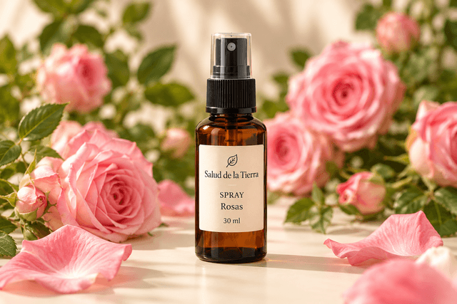 Spray de rosas en frasco ámbar entre rosas
