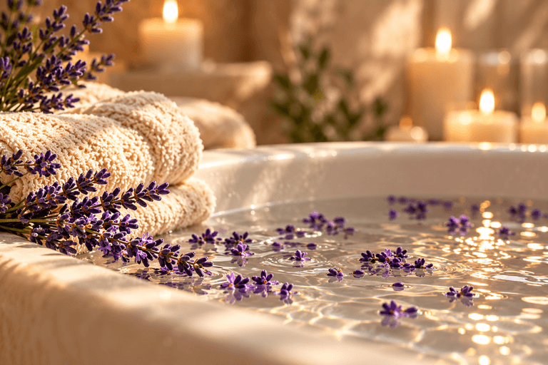 Toalla, lavanda y velas junto a una tina de baño