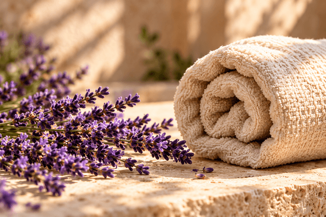 Toalla de algodón enrollada entre flores de lavanda