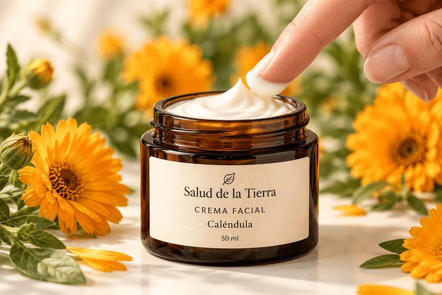 Dedo tomando crema facial de caléndula del frasco