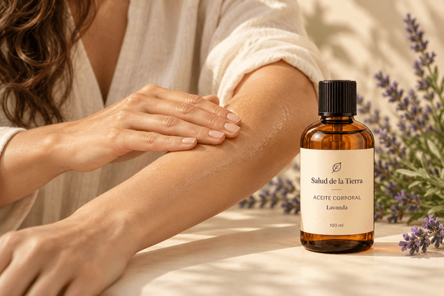 Mujer aplicando aceite corporal de lavanda en el brazo