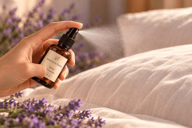 Mano rociando spray de lavanda sobre una almohada