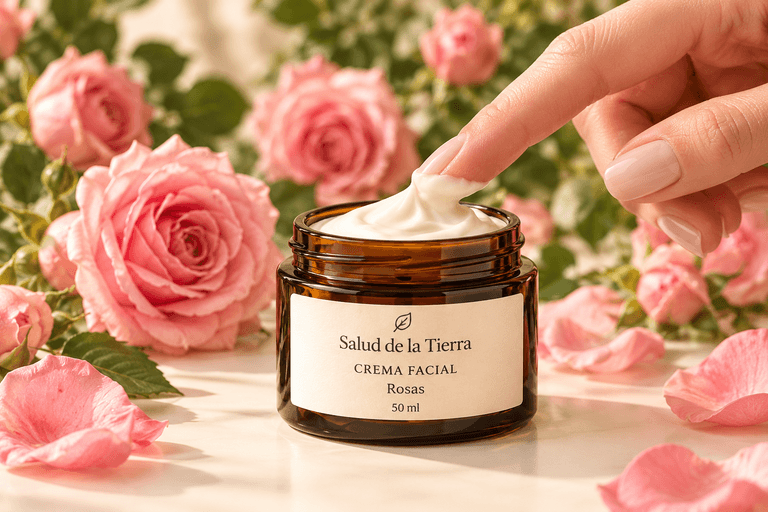 Dedo tomando crema facial de rosas del frasco
