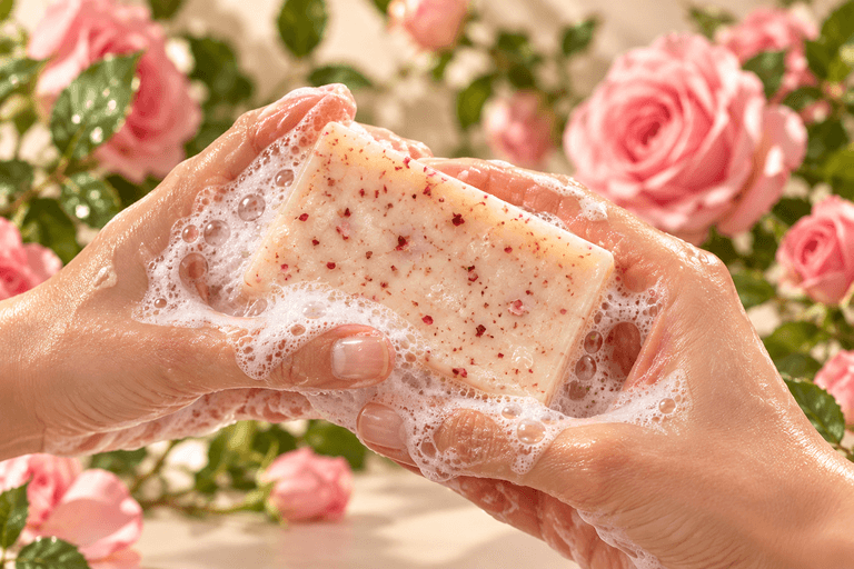 Manos haciendo espuma con el jabón de rosas