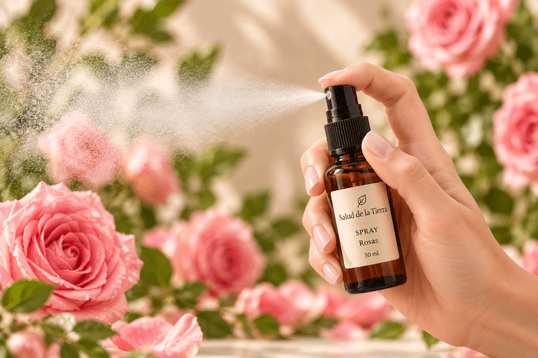 Mano rociando la bruma del spray de rosas